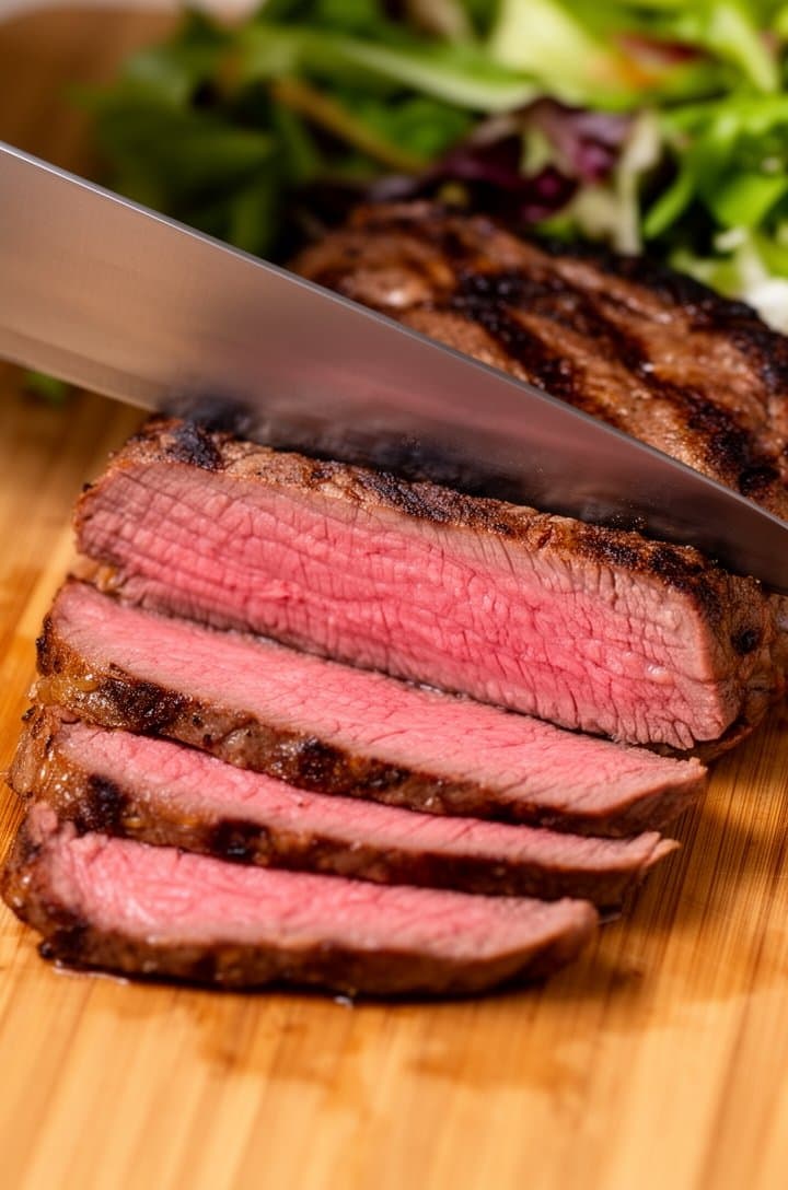 Close-up 45-degree angle of the flank steak being sliced against the grain on a wooden cutting board, the knife mid-cut revealing a perfect medium-rare pink center with a thin seared brown crust on the outside, several thin slices already fanned out showing the gradient from charred edge to rosy pink interior, natural warm side lighting