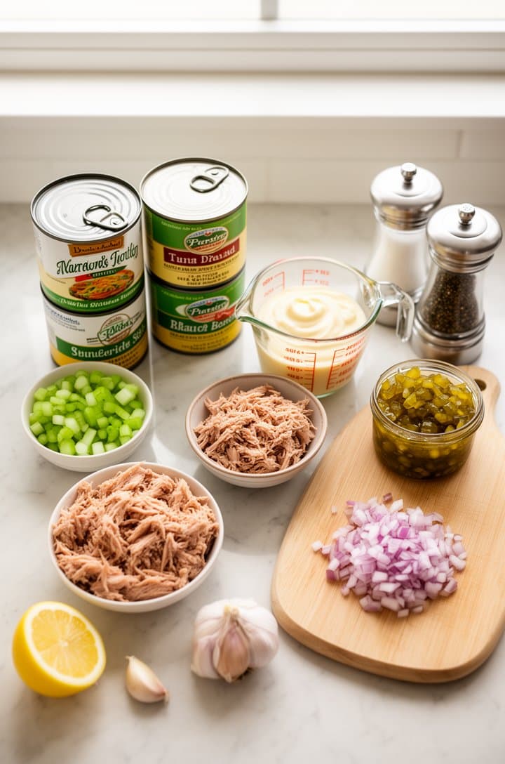 Overhead flat-lay of all tuna salad ingredients neatly arranged on a light marble countertop — four drained cans of tuna, a measuring cup of mayonnaise, finely chopped celery in a small bowl, minced red onion on a cutting board, sweet pickle relish in a jar, a halved lemon, one garlic clove, salt and pepper mills, bright even natural lighting from a large window above