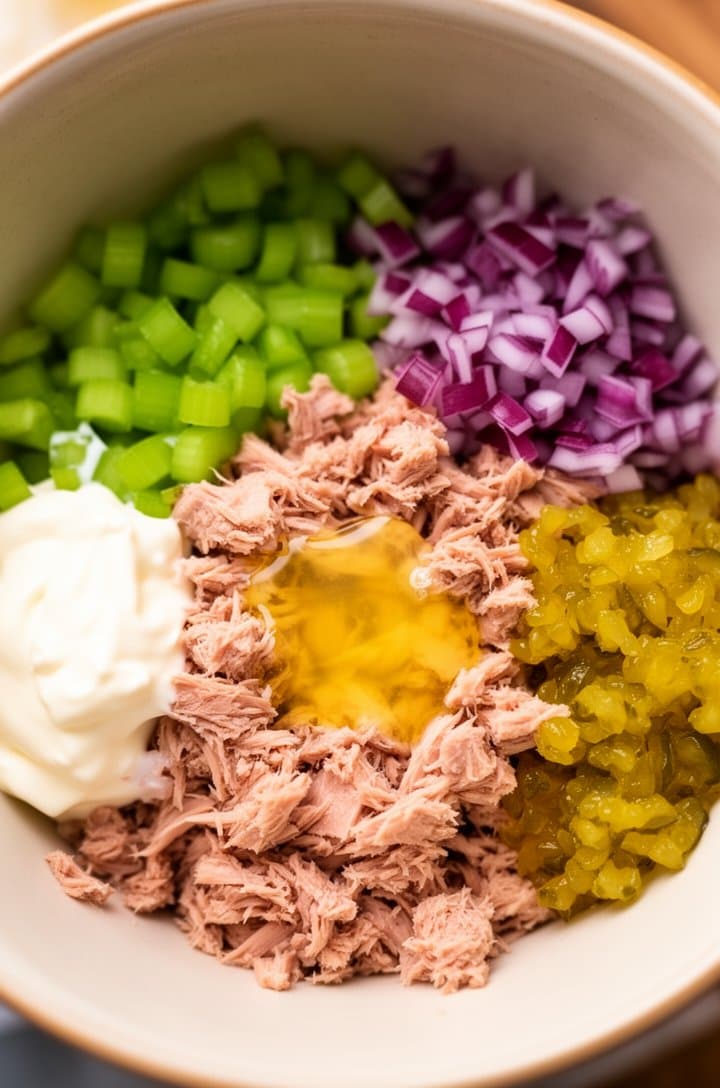 Overhead shot looking straight down into a mixing bowl showing all ingredients added but not yet mixed — flaked tuna in the center with dollops of white mayo, bright green celery pieces, deep purple-red minced onion, yellowish pickle relish, and a squeeze of lemon juice creating a small pool, everything distinct and colorful before combining