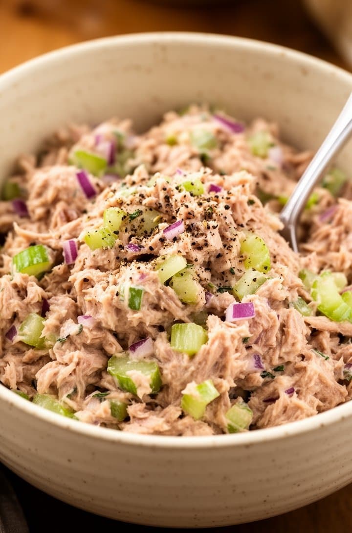 Close-up of the finished tuna salad in a speckled cream ceramic bowl with a silver fork resting in it, the mixture fully combined and creamy with visible chunks of celery and flecks of red onion and herbs throughout, freshly cracked pepper on top, warm side lighting casting gentle shadows, shot from a 30-degree angle