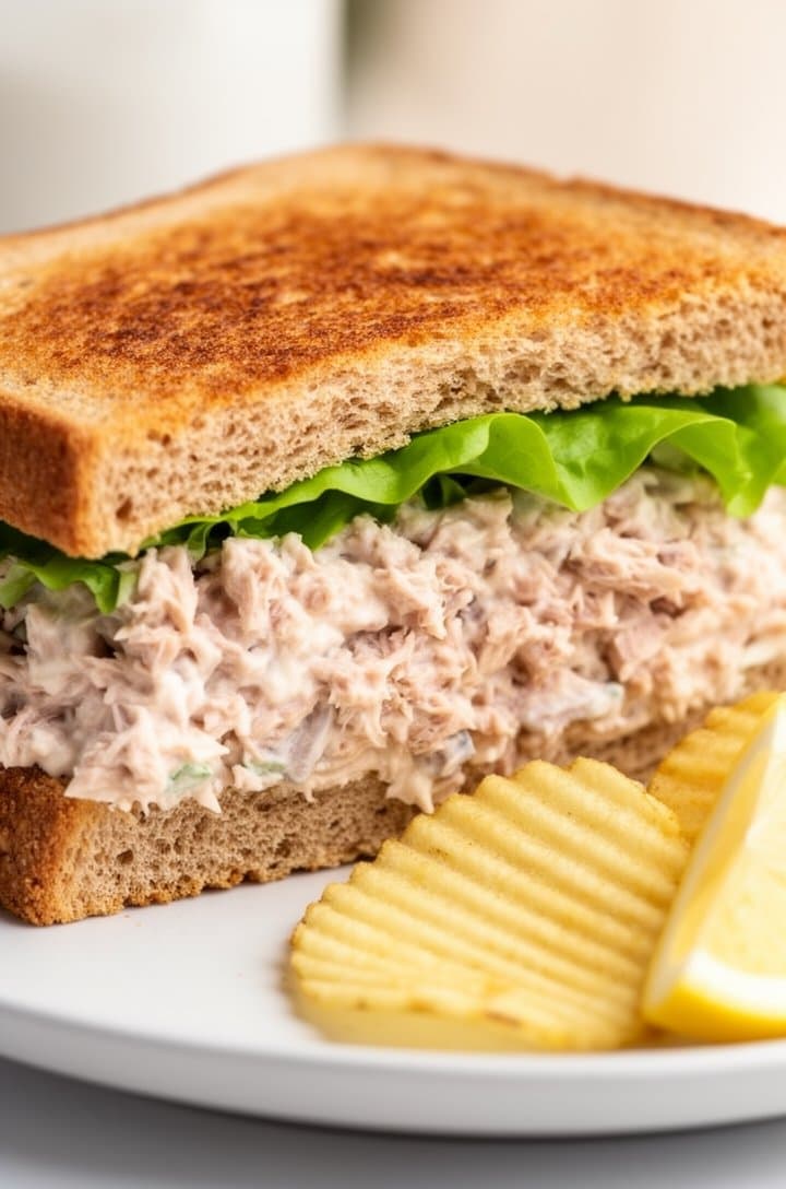 Side-angle close-up of a tuna salad sandwich on whole grain toasted bread cut diagonally, the generous creamy filling visible between the slices with green lettuce leaf, served on a white ceramic plate with a few rippled potato chips and a lemon wedge on the side, bright natural daylight, light neutral background with subtle blur