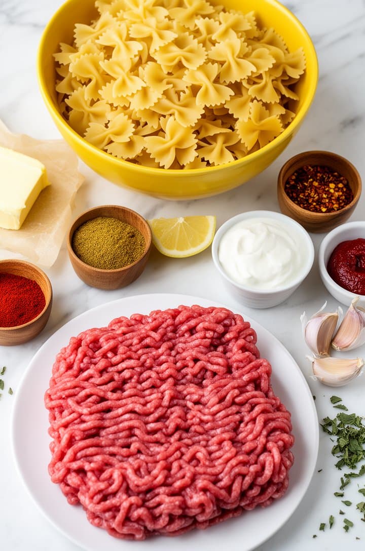 Overhead flat-lay of Turkish pasta mise en place on white marble — a yellow ceramic bowl of raw farfalle, small wooden bowls of ground cumin, sweet paprika, red pepper flakes, a block of butter on parchment paper, a cup of thick white Greek yogurt, a pound of raw ground beef on a white plate, a halved lemon, two whole garlic cloves, a small bowl of red pepper paste, scattered dried mint leaves, bright even natural daylight, clean minimalist styling