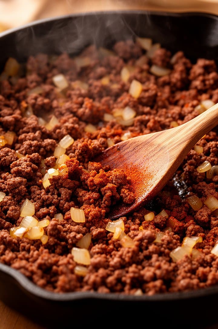 Close-up side-angle shot of ground beef searing in a large dark cast iron skillet, broken into small crumbles with a wooden spoon resting in the pan, diced translucent onions mixed throughout, the meat has a deep reddish-brown color from paprika and spices, wisps of steam rising, warm side lighting, shallow depth of field