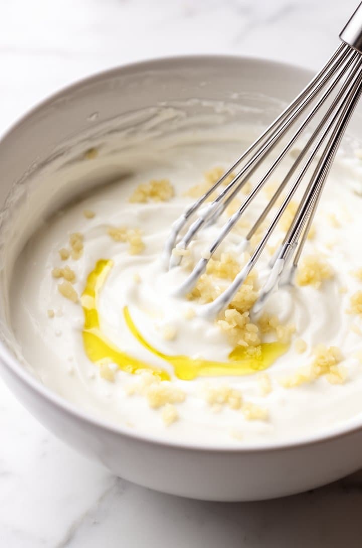 Tight close-up of garlic yogurt sauce being whisked in a white ceramic bowl, thick and creamy white yogurt with visible minced garlic pieces and a squeeze of lemon juice creating small swirls, a silver whisk resting in the bowl, bright natural overhead lighting, clean white marble surface