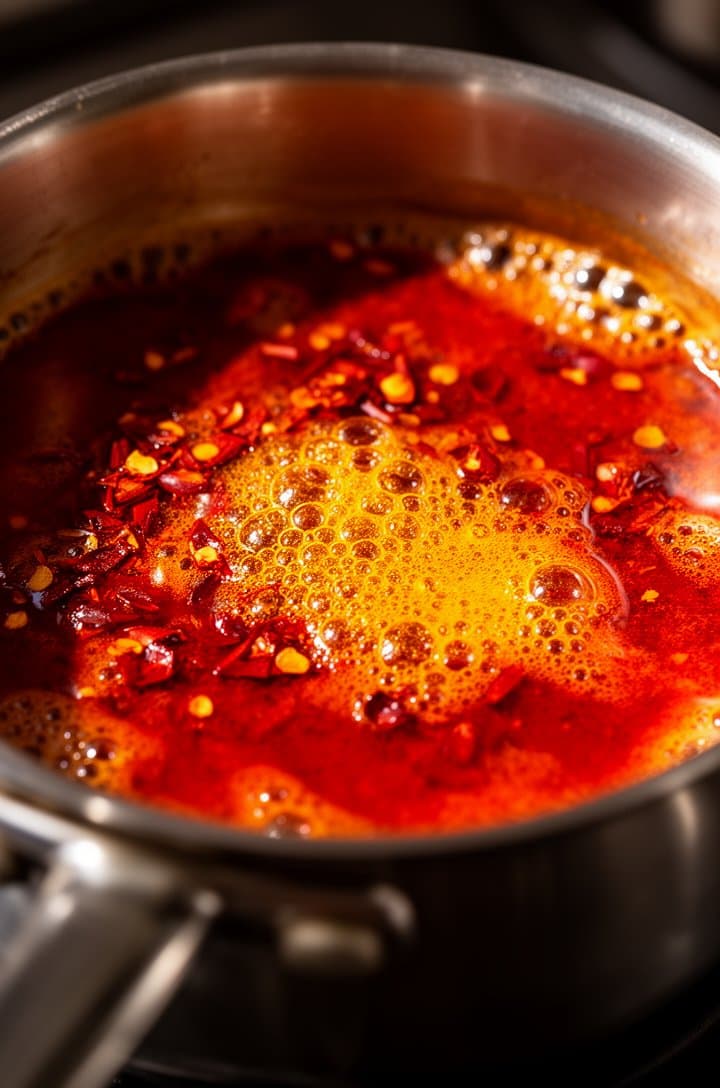 Macro close-up of sizzling paprika butter in a small stainless steel saucepan, the melted butter has turned a deep vivid crimson-orange from bloomed sweet paprika, red pepper flakes floating on the surface, tiny bubbles around the edges, dramatic warm side lighting creating a glossy sheen on the liquid surface