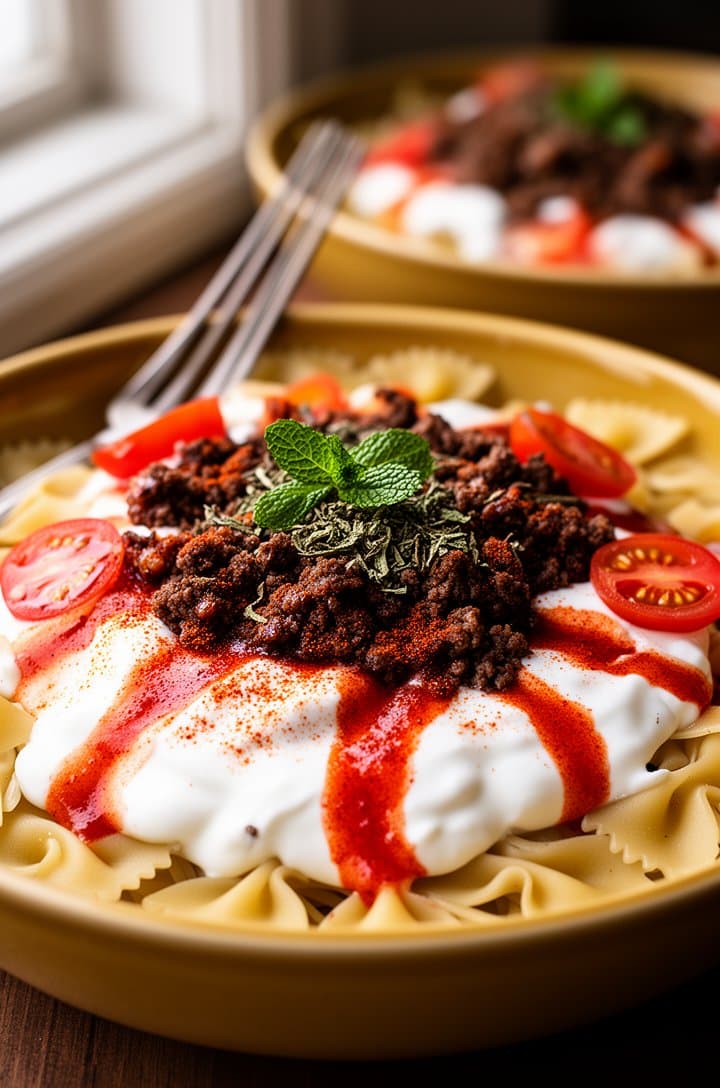 45-degree angle shot of the finished Turkish pasta in a shallow golden-yellow ceramic bowl, farfalle pasta base partially visible, white yogurt sauce and dark seasoned beef layered on top, bright red paprika butter drizzled in streams across the surface, halved cherry tomatoes and dried mint garnish, a fork resting on the edge of the bowl, second bowl blurred in the background, warm natural window light from the left side