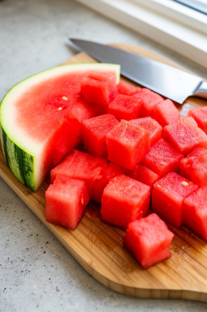 Overhead shot of bright red watermelon cubes arranged on a wooden cutting board next to the rind, a sharp chef's knife resting beside them. The cubes are uniform 1-inch pieces, glistening with natural juice. Light grey concrete countertop, bright natural daylight from a window, clean and minimal composition.