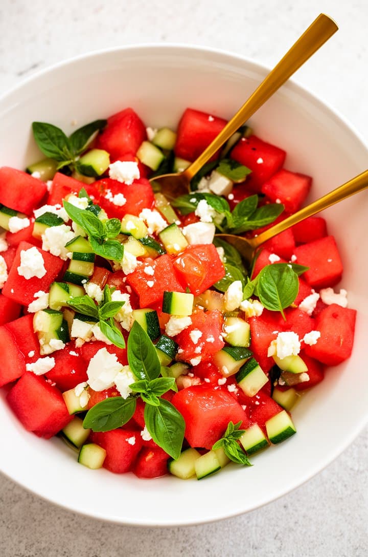 Overhead flat-lay of a large white ceramic serving bowl filled with just-tossed watermelon salad — vibrant red cubes, green cucumber pieces, scattered fresh basil and mint leaves, glistening with honey-lime dressing. Two gold serving spoons rest in the bowl. Light textured surface, bright natural daylight, the colors pop against the white bowl.