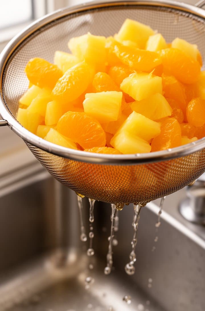 Close-up of canned mandarin oranges and pineapple tidbits being drained in a fine mesh colander over a stainless steel sink, excess juice dripping through, fruit glistening with moisture. Shot from a 45-degree angle, bright kitchen lighting, shallow depth of field focusing on the fruit