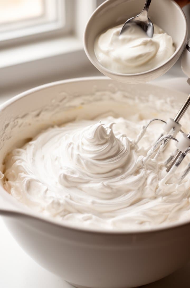 Side-angle shot of stiff white whipped cream peaks in a large mixing bowl with electric beater marks visible in the surface, a small bowl of Greek yogurt being spooned in from above. Clean white countertop background, soft natural side lighting from a window, professional food photography