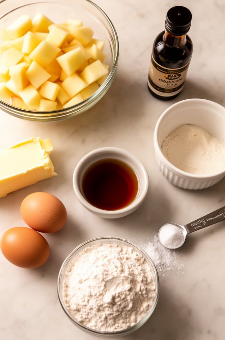 Overhead flat-lay of all apple cake ingredients arranged on a light marble countertop — a glass bowl of peeled and cubed apple pieces, a stick of softened butter, two brown eggs, a small bowl of dark rum catching the light, a cup of flour, baking powder in a measuring spoon, and a bottle of vanilla extract, bright natural window light from above, clean and organized composition