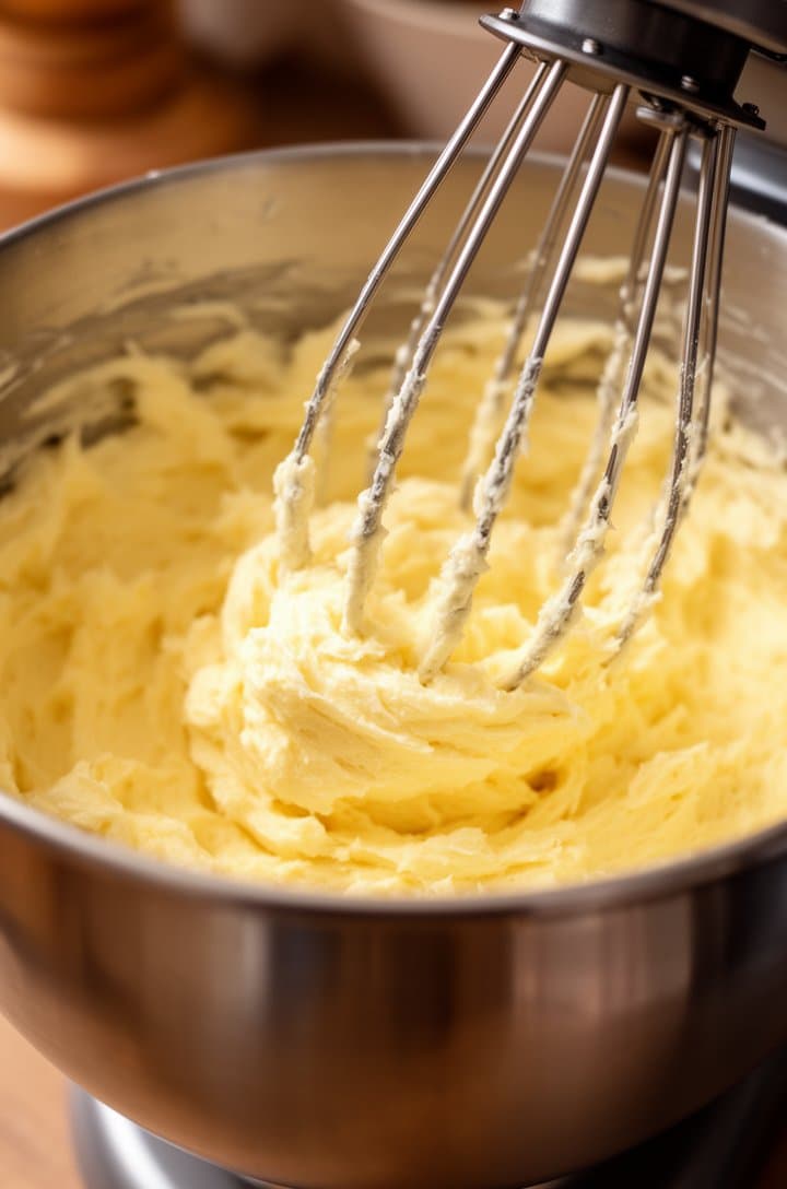 Close-up of a stand mixer bowl with pale yellow creamed butter and sugar, fluffy and light in texture with visible air incorporation, the whisk attachment lifted showing ribbons of batter falling back into the bowl, warm kitchen lighting, shallow depth of field