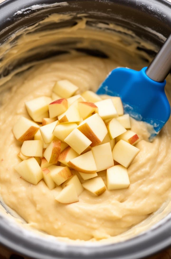 Overhead shot of thick cake batter in a mixing bowl with cubed apple pieces being folded in with a blue silicone spatula, some apple cubes still visible on top, the batter pale golden and thick, bright natural lighting from above