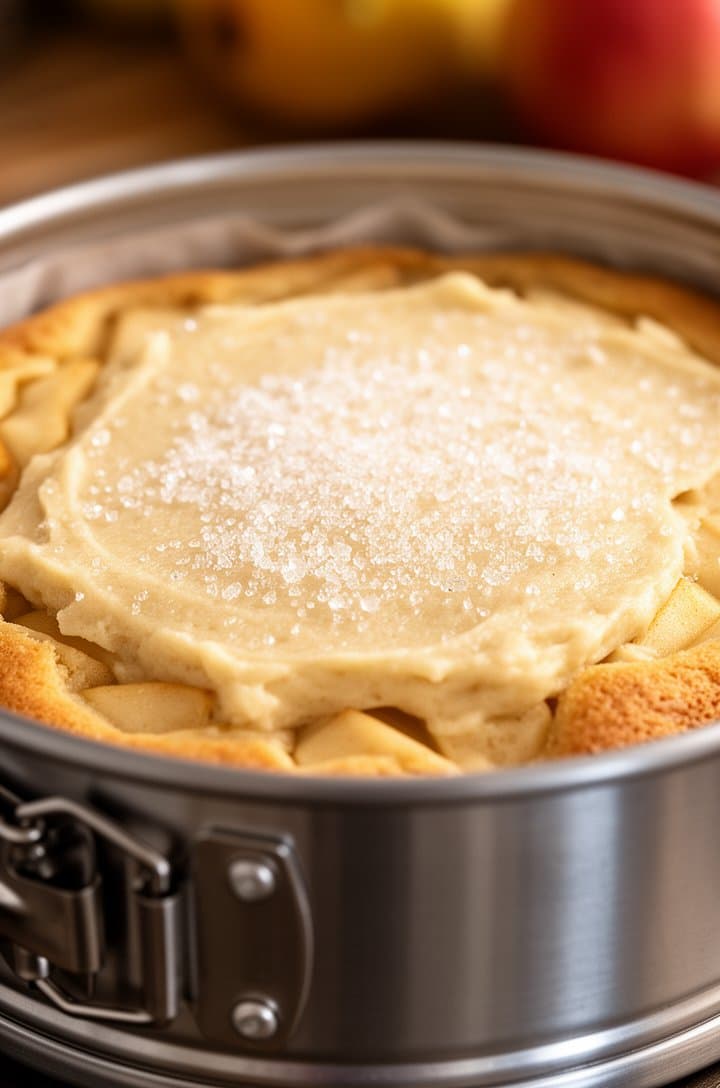 45-degree angle of the unbaked cake in a silver springform pan, batter smoothed on top with a scattering of granulated sugar crystals catching the light, about to go into the oven, warm kitchen background blurred, natural lighting