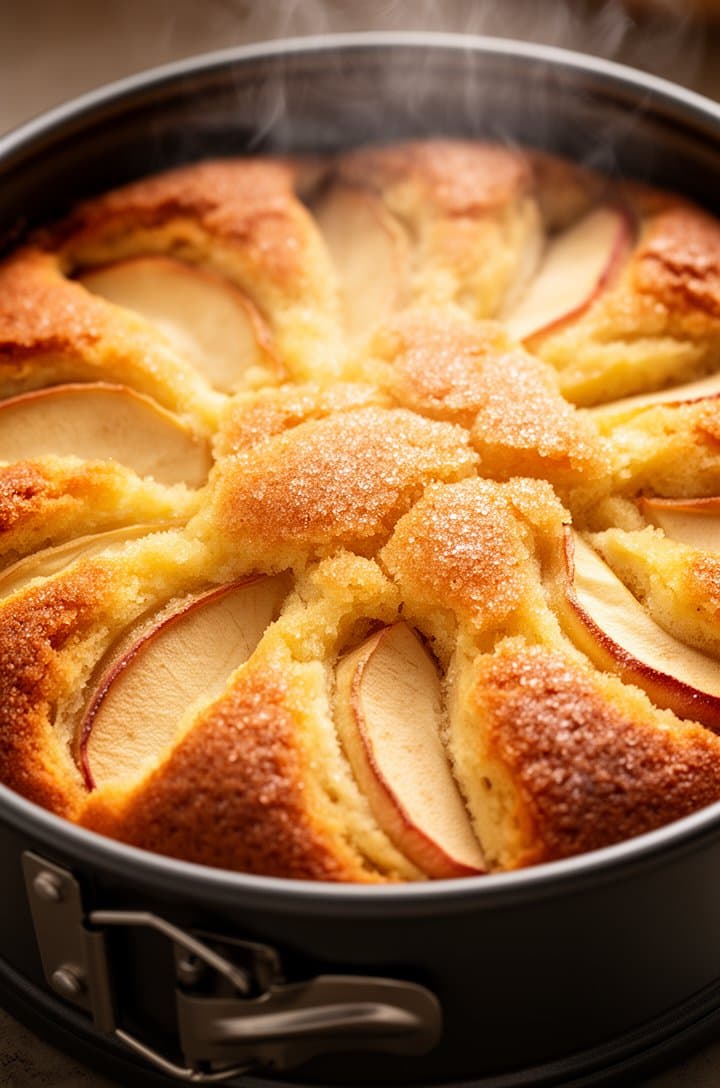 Close-up of the golden-brown baked apple cake just out of the oven still in the springform pan, the top deeply golden with crackled sugar crust, edges slightly pulled away from the pan, steam rising, warm overhead lighting, shot from above at a slight angle