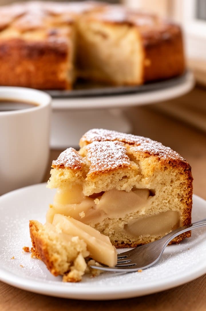 Straight-on close-up of a slice of French apple cake on a small white plate dusted with powdered sugar, a fork cutting through the tender crumb revealing soft baked apple pieces inside, a cup of coffee and the rest of the cake on its stand blurred in the background, warm natural side lighting from a window