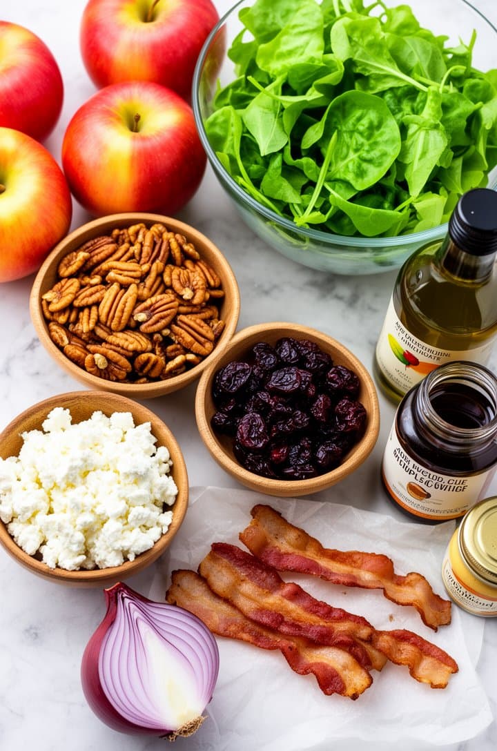 Overhead flat-lay of all apple salad ingredients arranged neatly on a light marble surface — whole gala apples with red-yellow skin, a glass bowl of bright green spring lettuce mix, small wooden bowls containing golden toasted pecans, crumbled white feta cheese, dark ruby dried cranberries, strips of crispy cooked bacon on parchment, half a purple-red onion, and vinaigrette ingredients (olive oil bottle, apple cider vinegar, maple syrup jar, Dijon mustard), bright even natural lighting from above