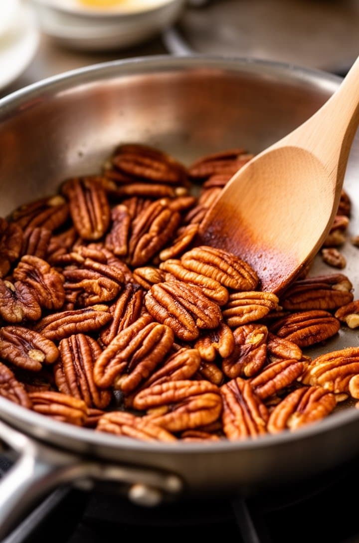 Close-up shot of pecan halves being toasted in a small stainless steel skillet, some pieces turning golden-brown, a wooden spoon stirring them, warm tones from the heat beneath, slightly out of focus kitchen background, natural side lighting