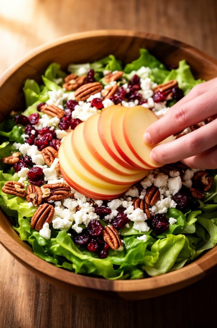 Overhead shot of a large wooden salad bowl with spring lettuce mix as the base, thinly sliced gala apple crescents being layered on top by a hand entering from the right side, some toppings already scattered — pecans, feta crumbles, cranberries — building the salad layer by layer, warm natural light from the left, wooden table surface visible around the bowl