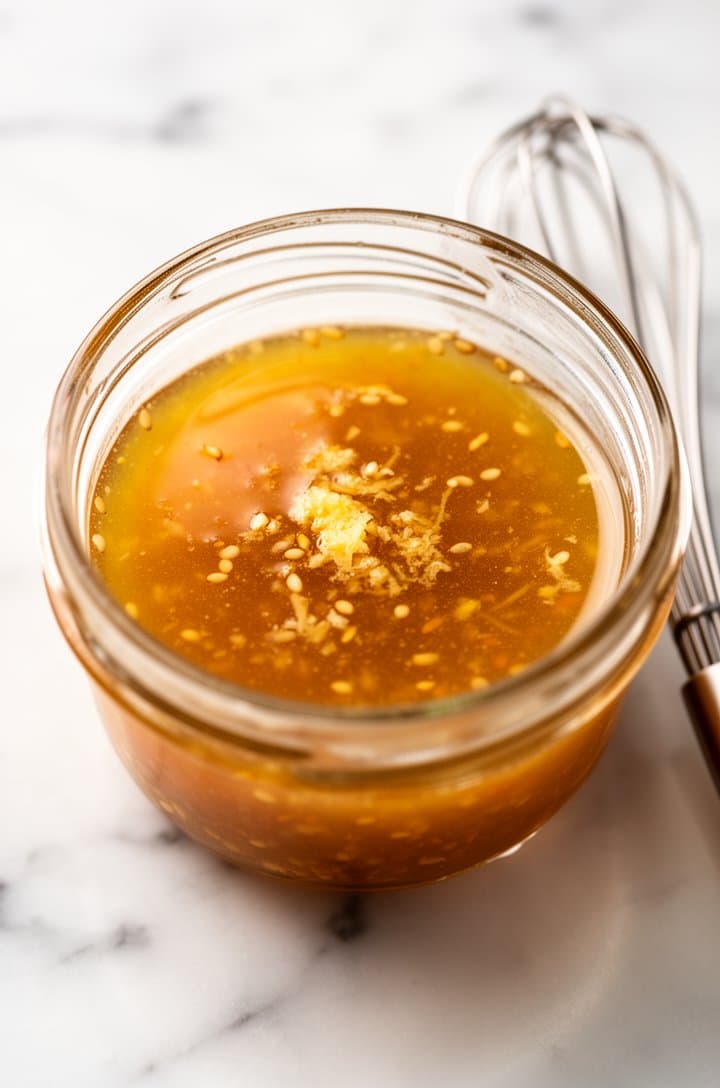 Small glass jar or bowl with the whisked sesame-ginger dressing — golden-amber liquid with tiny flecks of grated ginger visible. A small whisk or fork resting beside it. Shot from a 45-degree angle on white marble, soft side lighting creating a warm glow through the translucent dressing