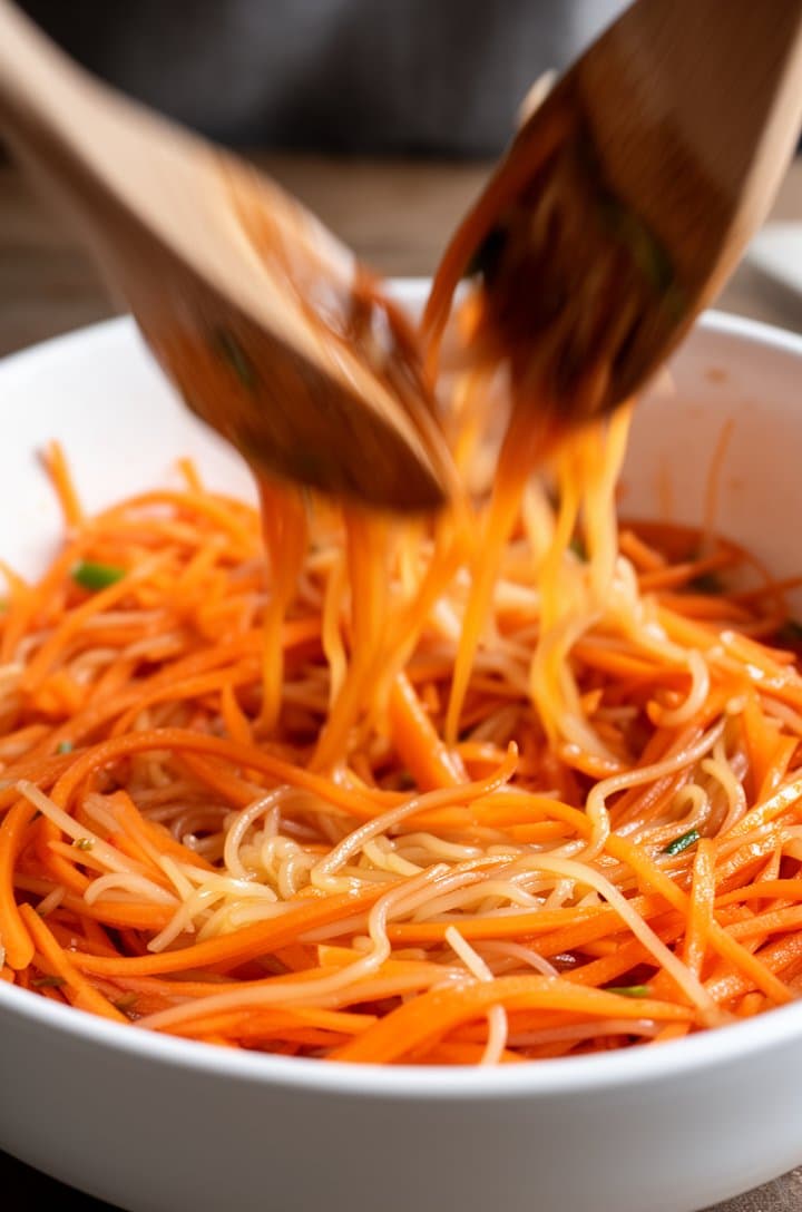 Action shot of the dressing being tossed with carrot ribbons in a white bowl using wooden salad servers, mid-motion with ribbons lifting out of the bowl. Some ribbons glistening with dressing, others still dry, showing the tossing process. Natural side lighting, slightly dynamic composition with movement blur on the utensils