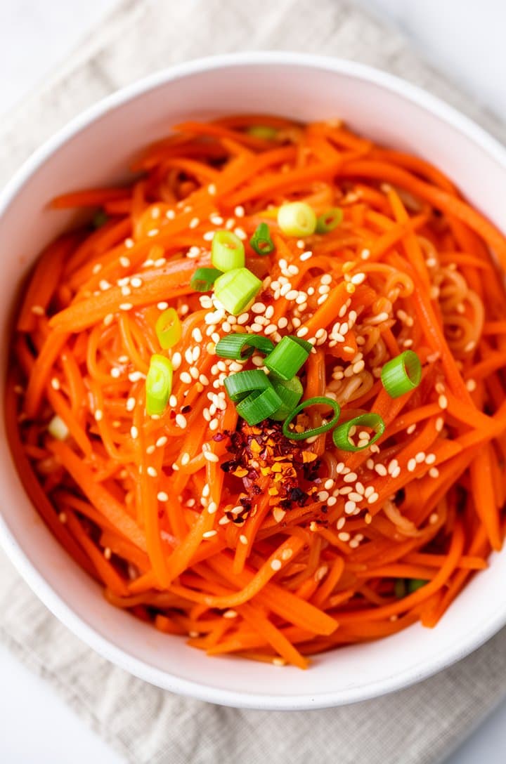 Finished Asian carrot salad in a white ceramic bowl from a top-down overhead angle, every ribbon coated in glossy dressing. Toasted white sesame seeds and bright green scallion slices scattered artfully on top. A small pinch of red pepper flakes visible in one area. The bowl sits on a light linen napkin on a white surface, soft even daylight, vibrant orange dominating the frame
