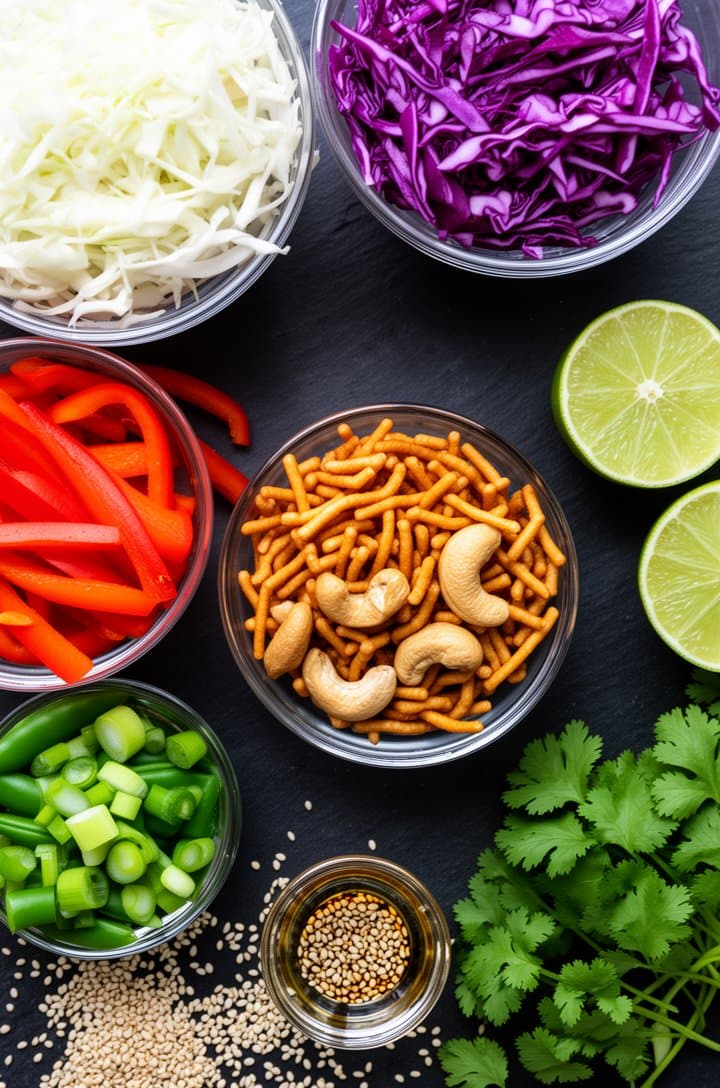 Overhead flat-lay of all Asian chopped salad ingredients neatly arranged in small glass bowls and on a dark slate surface — shredded white cabbage, shredded red cabbage, julienned carrots, sliced red bell pepper, chopped sugar snap peas, sliced green onions, whole cashews, crispy chow mein noodles, sesame seeds, fresh cilantro sprigs, a small jar of sesame oil, a lime cut in half. Bright natural overhead lighting, clean organized mise en place, professional food styling