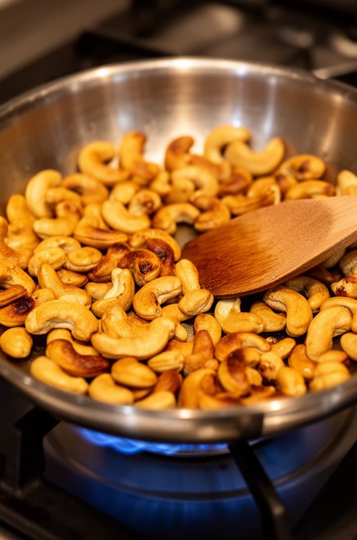 Close-up 45-degree angle shot of whole cashews being toasted in a small dry stainless steel skillet on a gas burner, some cashews turning golden brown with darker toasted spots. A wooden spatula rests in the pan. Warm ambient kitchen lighting, shallow depth of field with the burner flame softly blurred, the cashews glisten slightly from their natural oils