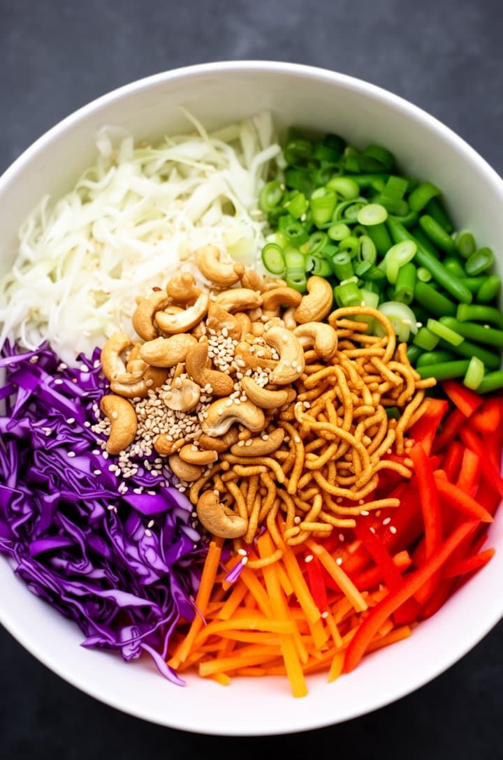 Overhead shot looking directly down into a large white ceramic bowl filled with the rainbow of shredded vegetables before dressing — distinct sections of purple red cabbage, white cabbage, orange julienned carrots, red bell pepper strips, green snap peas, and green onion rings visible. Topped with a scattering of sesame seeds, chopped toasted cashews, and crispy golden chow mein noodles. Dark charcoal background, bright natural light from above