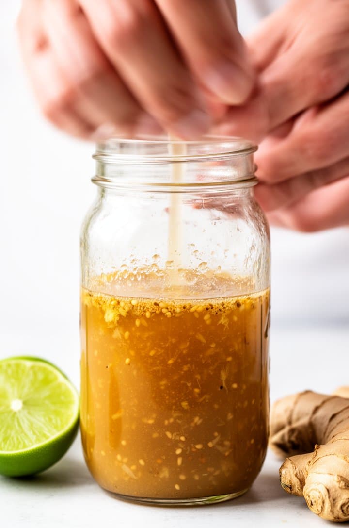 Close-up of hands shaking a sealed glass mason jar containing the Asian sesame ginger dressing — the amber-colored liquid is slightly emulsified with visible flecks of grated ginger and suspended sesame seeds. A halved lime and knob of fresh ginger sit on the counter beside the jar. Bright natural window lighting, clean white background, motion blur on the shaking hands