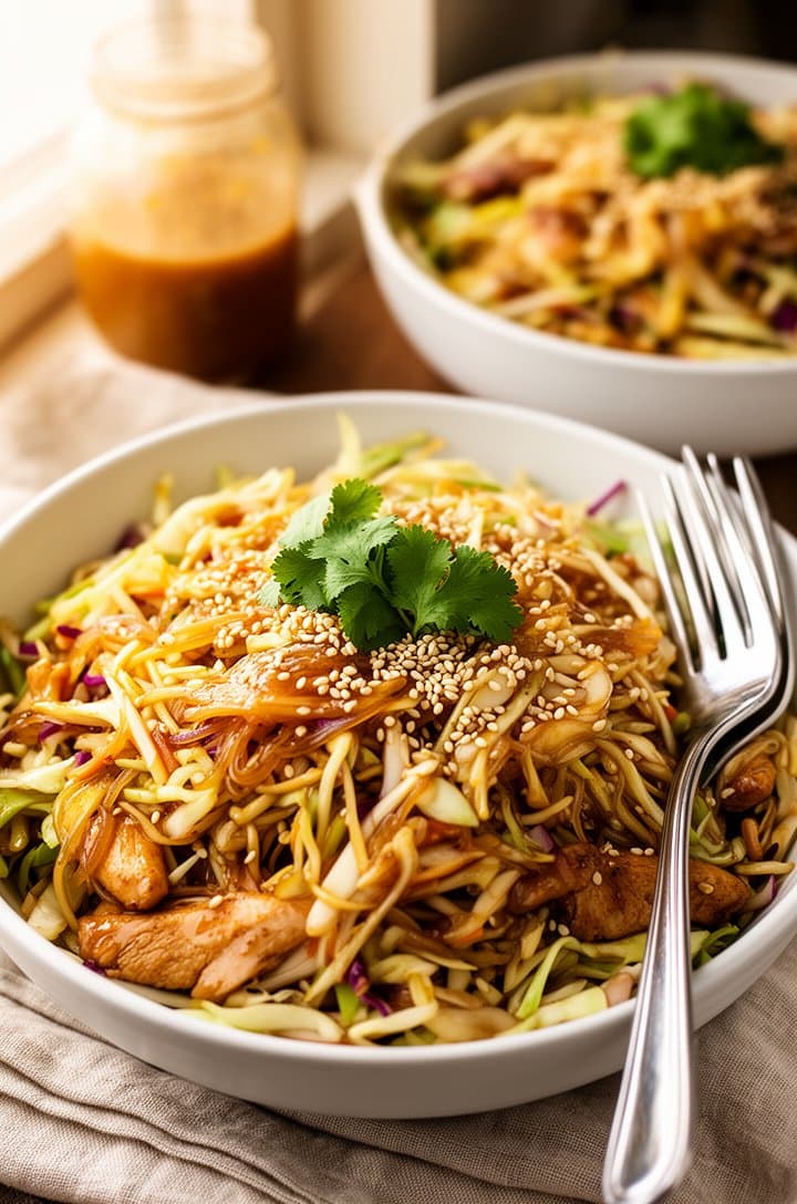 Final plated shot from a 30-degree angle of a generous portion of the fully tossed Asian chopped salad in a white bowl, every shred of cabbage glistening with the sesame ginger dressing. A silver fork rests on the right side of the bowl. Fresh cilantro garnish and an extra sprinkle of sesame seeds on top. A second bowl of salad and the dressing jar are blurred in the background. Warm natural side lighting from a window, linen napkin underneath, inviting and appetizing