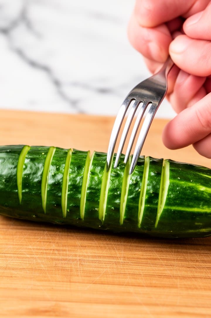 Close-up of a hand running a metal fork down the length of a whole Persian cucumber on a wooden cutting board, creating parallel grooved score marks in the dark green skin, cucumber resting horizontally, fork tines pressing into the flesh leaving visible white lines, bright natural overhead lighting, clean white marble background