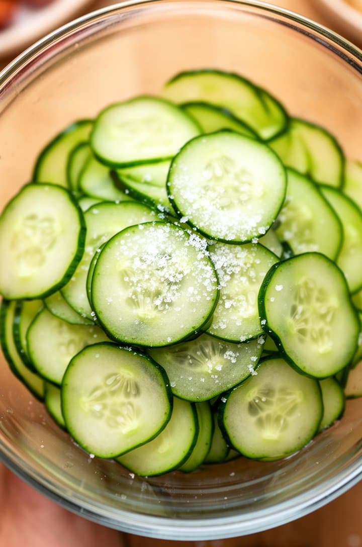 Overhead shot of paper-thin cucumber coins arranged in a large glass mixing bowl, freshly sprinkled with coarse salt crystals visible on the translucent pale green surfaces, some slices overlapping naturally, bright even lighting showing the varying shades of green from skin to seed center