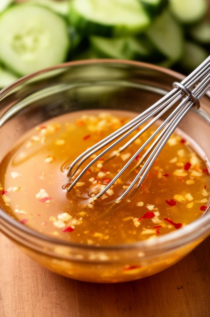 Side-angle close-up of a small glass bowl containing the whisked dressing — a golden-amber liquid with tiny visible flecks of red chili and minced garlic floating in it, a small whisk resting in the bowl, warm side lighting creating a glossy surface reflection, blurred ingredients in the background