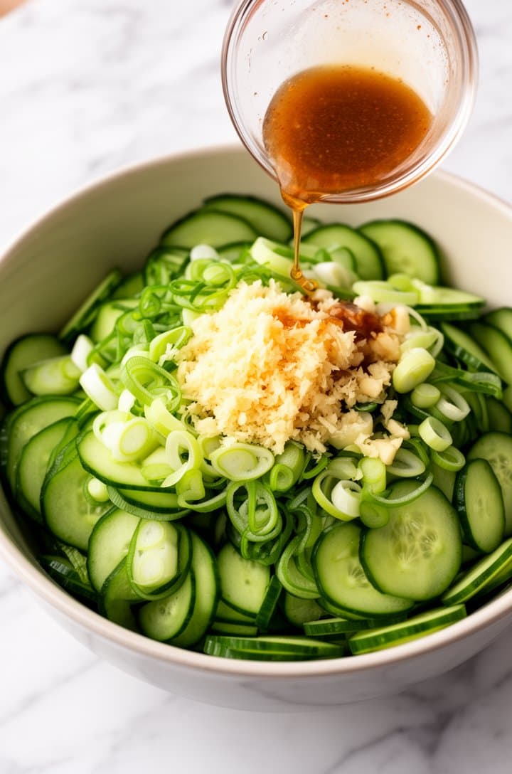 Overhead close-up of drained cucumber slices in a large bowl with sliced scallions, grated ginger, and minced garlic being added on top, the dressing being poured from a small glass bowl in a thin stream, capturing the moment of assembly, bright natural lighting, white marble surface beneath