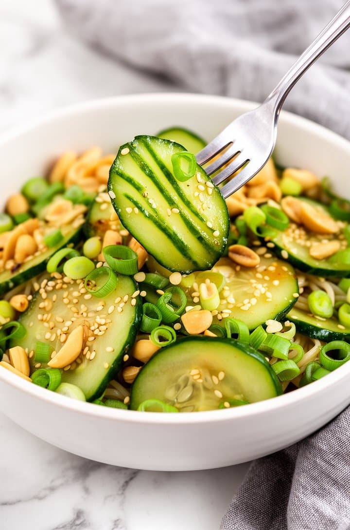 Finished Asian cucumber salad served in a white ceramic bowl, shot from a 30-degree angle, a silver fork piercing two cucumber slices and lifting them above the bowl showing the dressing clinging to the scored grooves, toasted sesame seeds and scallion rings scattered on top, chopped peanuts visible as garnish, bright airy lighting on a light marble surface with a grey linen napkin in the corner
