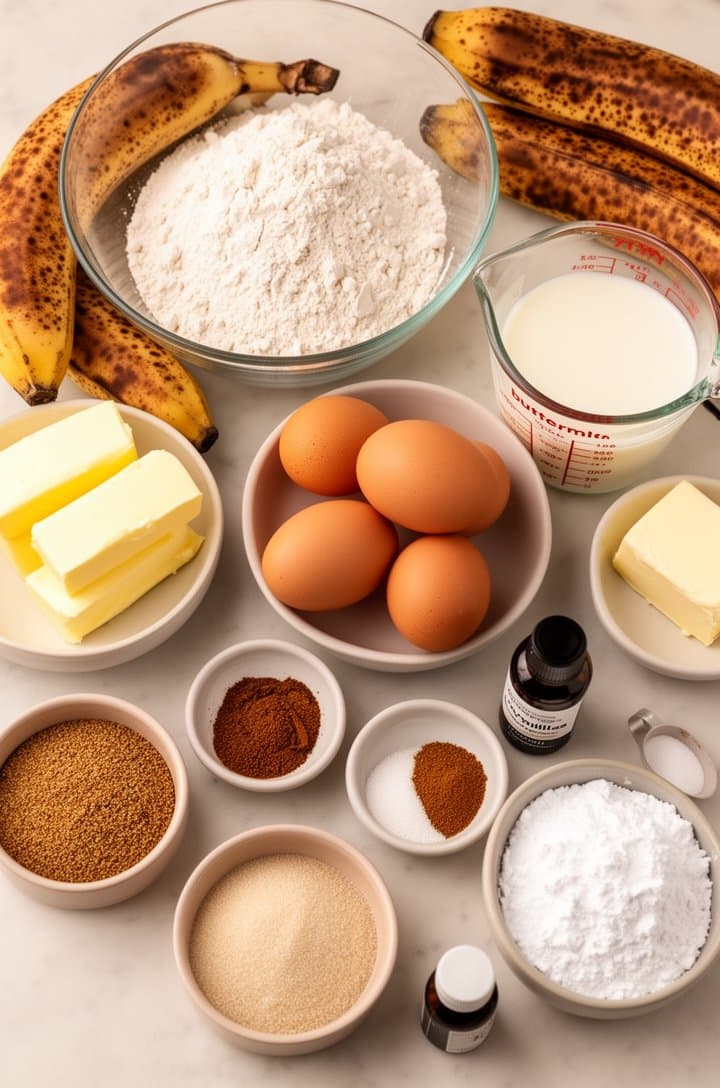 Overhead flat-lay of all banana cake ingredients arranged on a light marble surface — brown-spotted ripe bananas, measured flour in a glass bowl, softened butter sticks, three eggs, a measuring cup of buttermilk, granulated and brown sugar in separate bowls, small bowls of baking powder, baking soda, cinnamon, salt, vanilla extract bottle, block of cream cheese, and powdered sugar. Soft natural window light, warm neutral tones, casual arrangement