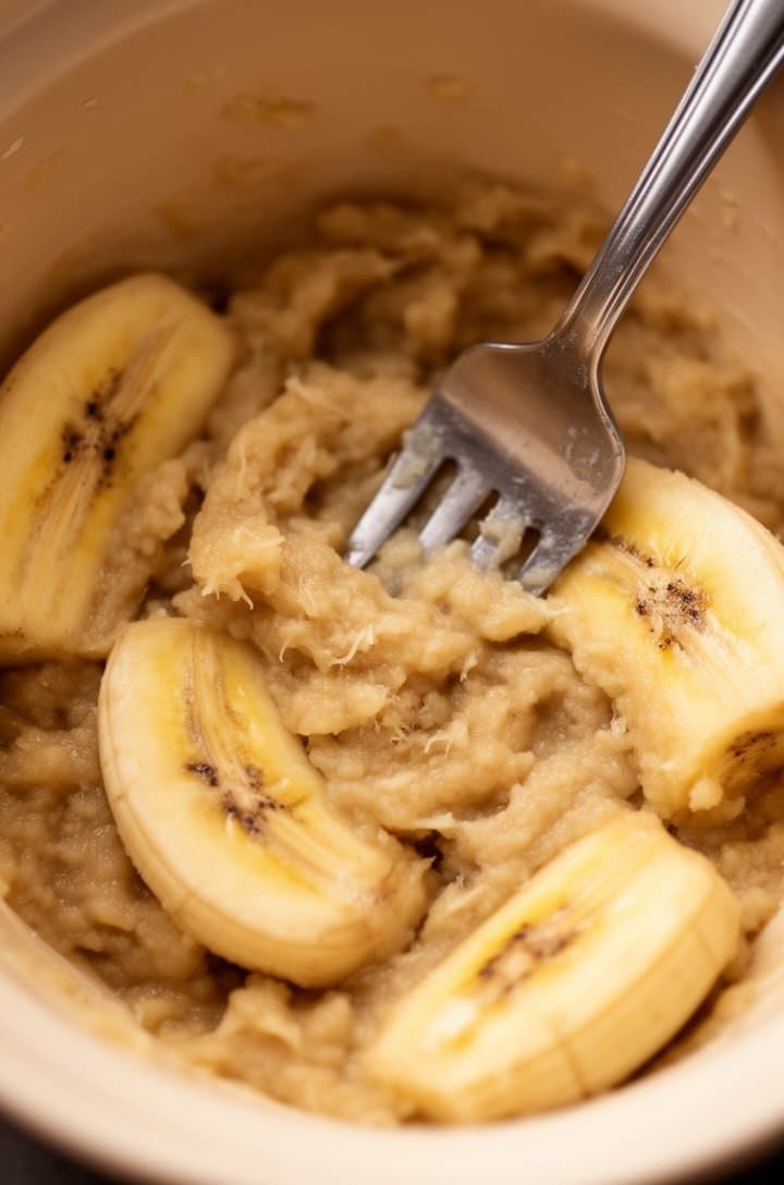 Close-up of four very ripe bananas being mashed with a fork in a light mixing bowl, showing the transition from whole pieces to a chunky-smooth puree, banana fibers visible, shot from 45 degrees above with warm side lighting and shallow depth of field