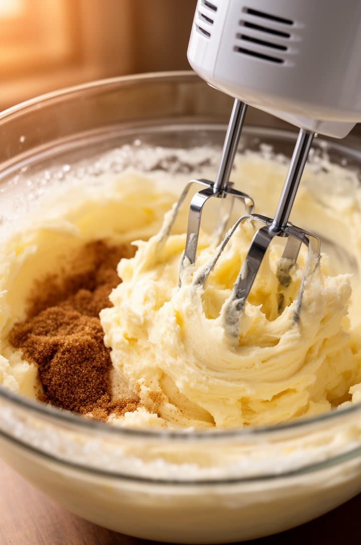 Action shot of an electric hand mixer beating softened butter with granulated and brown sugar in a large glass bowl, the mixture light and fluffy with a creamy pale color, sugar crystals still visible on the edges, warm kitchen lighting from the left side