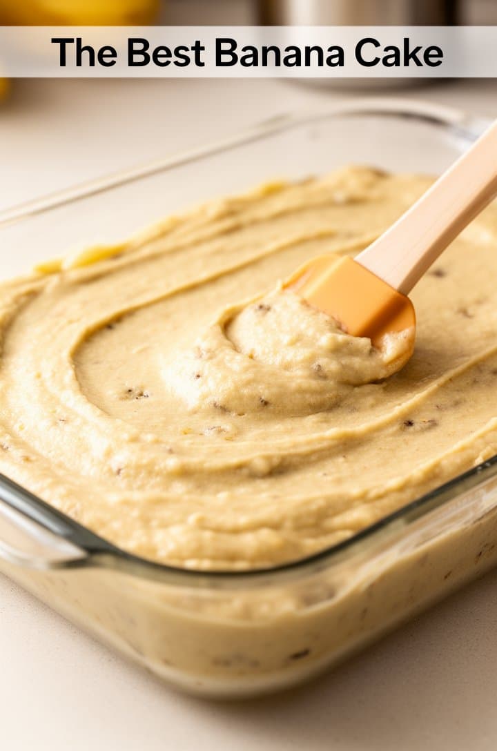 Side-angle shot of thick pale golden banana cake batter being spread evenly into a greased glass 9x13 baking pan with a rubber spatula, showing the smooth dense batter with tiny banana flecks, the pan sitting on a light countertop