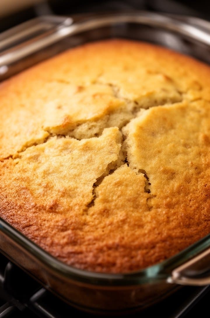 Close-up of the baked banana cake still in the glass pan fresh from the oven, golden-brown top with a few hairline cracks, the cake risen evenly to fill the pan, shot from slightly above showing the entire surface with warm oven lighting