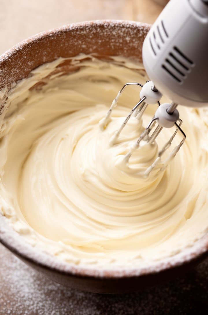 Close-up of cream cheese frosting being beaten in a large bowl with a hand mixer, showing the smooth glossy off-white texture with soft peaks, powdered sugar dust on the bowl rim, shot from above at 45 degrees with soft natural lighting