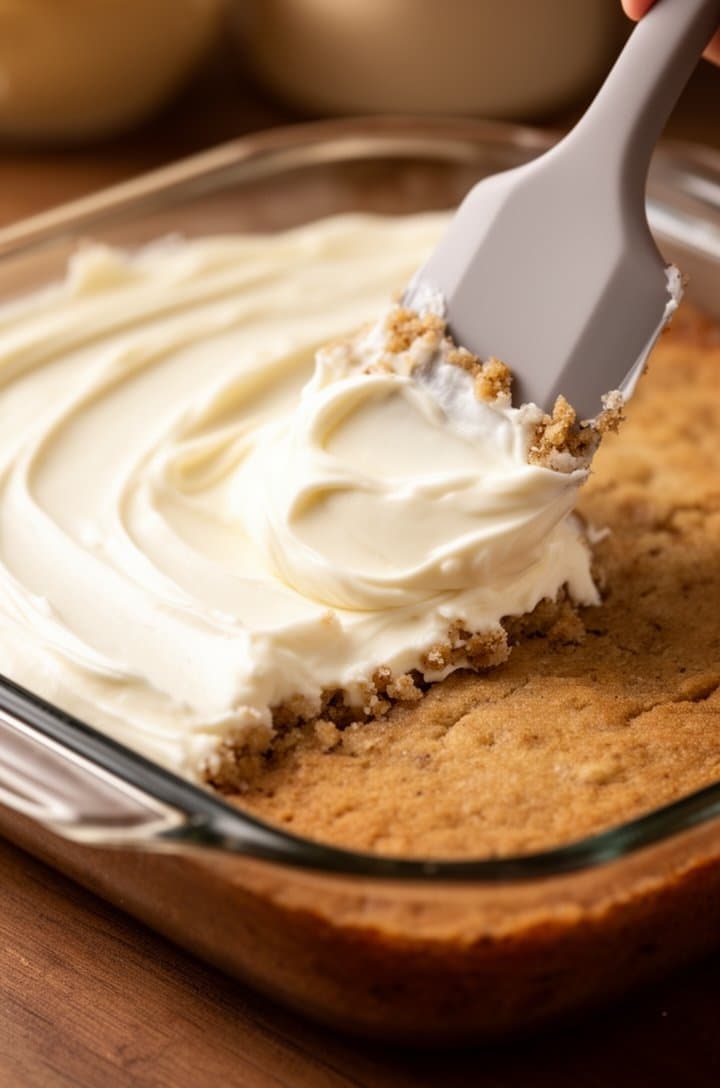 Action shot of an offset spatula spreading thick cream cheese frosting across the top of the cooled banana cake in the glass baking dish, showing half-frosted and half-bare cake, the frosting thick and glossy with casual swirl marks, crumbs caught in the frosting edge where bare cake meets frosted section, warm natural side lighting