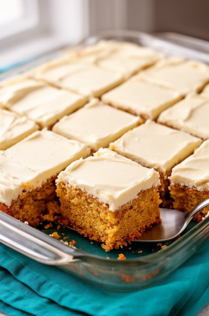 Final shot of the fully frosted banana cake cut into 12 even squares in the glass baking dish, one front-corner piece pulled slightly forward with a metal cake server to reveal the dense golden-amber crumb cross-section. Thick off-white cream cheese frosting on top with spatula swirl marks. Teal cloth napkin underneath, soft diffused natural light from the left, shallow depth of field blurring the back rows of squares, a few crumbs scattered on the dish