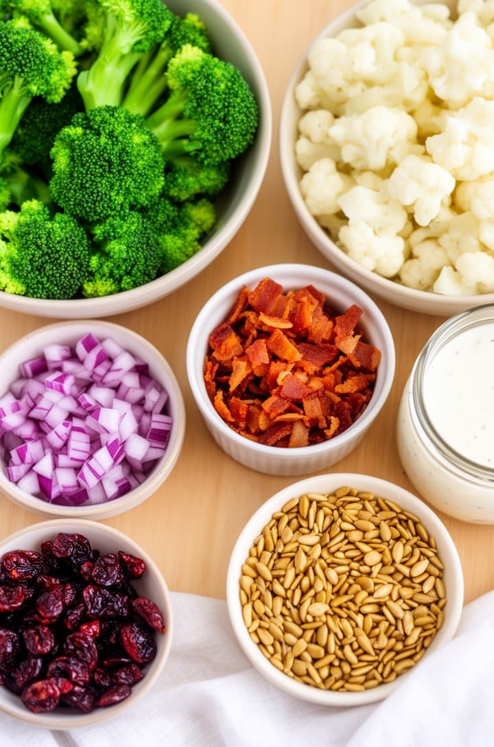 Overhead flat-lay of all broccoli cauliflower salad ingredients in small bowls on a light wood surface: a bowl of bright green broccoli florets, a bowl of white cauliflower florets, crispy golden bacon crumbles in a ramekin, diced purple-red onion, dark red dried cranberries, golden sunflower seeds, and a small glass jar of creamy white dressing. Clean styling with a white linen cloth at the edge, bright natural diffused lighting, professional food blog mise en place photography