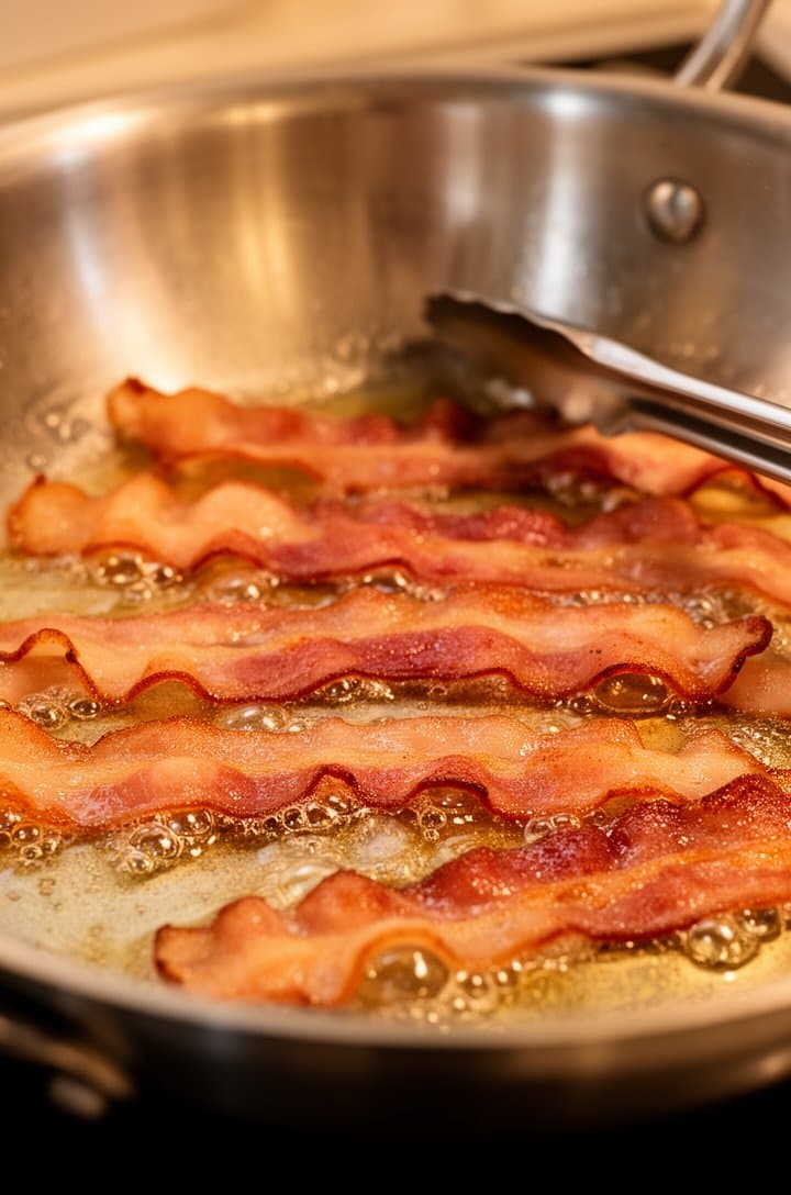 Close-up angled shot of thick-cut bacon strips sizzling in a large stainless steel skillet, golden-brown and crispy with rendered fat bubbling around the edges. Warm kitchen lighting from above, shallow depth of field focused on the nearest strip of bacon, a pair of tongs resting on the skillet edge. Professional food photography with appetizing warm tones