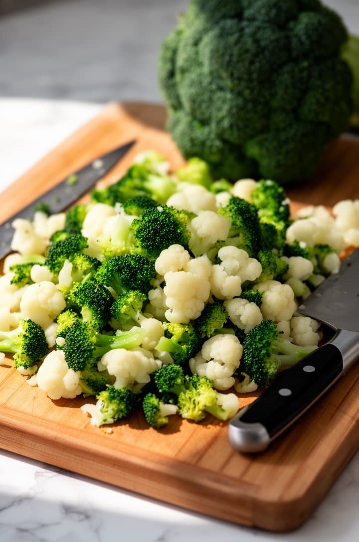 Three-quarter overhead angle of small, grape-sized broccoli and cauliflower florets on a wooden cutting board next to a chef's knife. The deep green broccoli and creamy white cauliflower are uniformly chopped. A whole head of broccoli sits partially chopped in the background, slightly out of focus. Bright natural side lighting casting gentle shadows, clean marble countertop visible at the edges