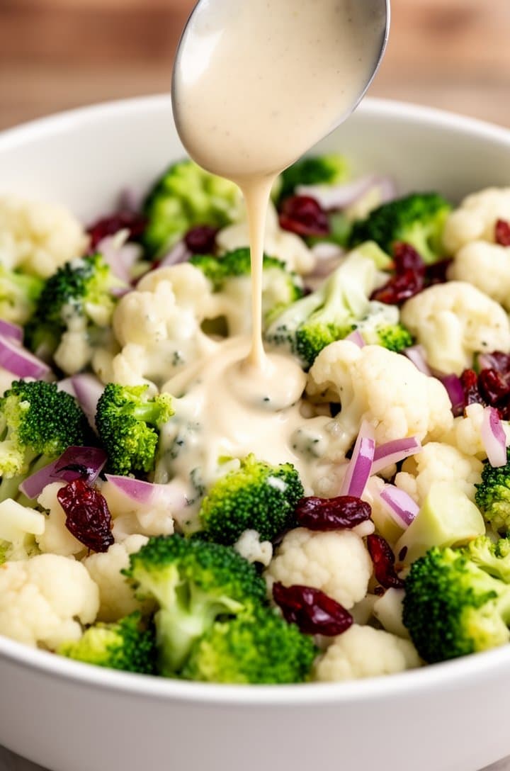 Close-up overhead of creamy dressing being drizzled from a spoon over the mixed broccoli, cauliflower, red onion, and cranberries in a large white bowl. The thick dressing cascades over the vibrant green and white florets. Some pieces already coated with a glossy sheen. Bright, even natural lighting, sharp focus on the drizzle with shallow depth of field on the surrounding salad, professional food blog photography