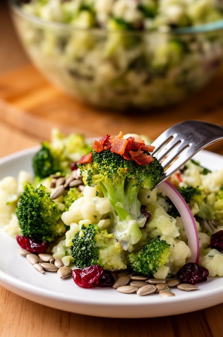 Extreme close-up of a single generous serving of finished broccoli cauliflower salad on a small white plate, with a fork piercing a dressing-coated broccoli floret topped with a bacon crumble. Sunflower seeds, cranberry, and a sliver of red onion visible on the plate. The large serving bowl blurred in the background with a wooden cutting board beneath. Warm natural side lighting, shallow depth of field, appetizing and inviting, professional food photography