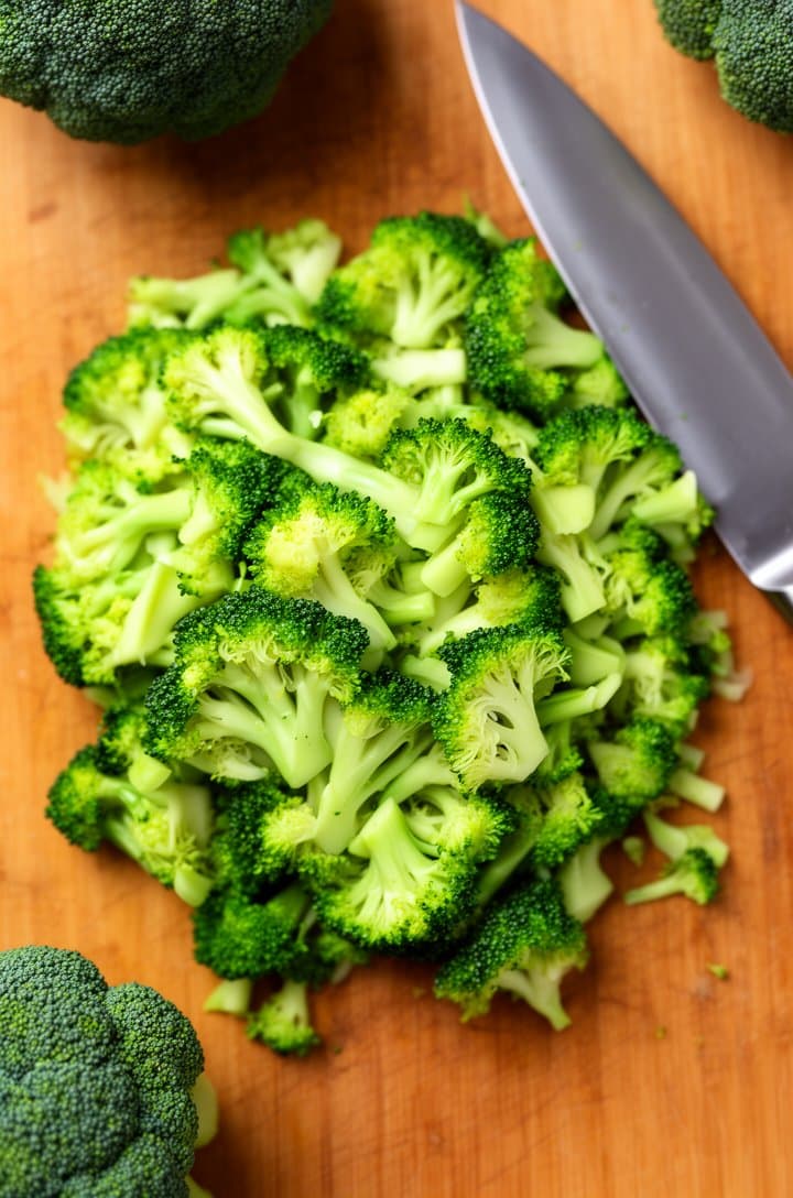 Overhead flat-lay of bite-sized broccoli florets freshly cut on a large wooden cutting board, bright vibrant green with lighter stems visible, a sharp knife resting to the side, clean bright natural window lighting from above, two whole broccoli heads partially visible at the edge of frame